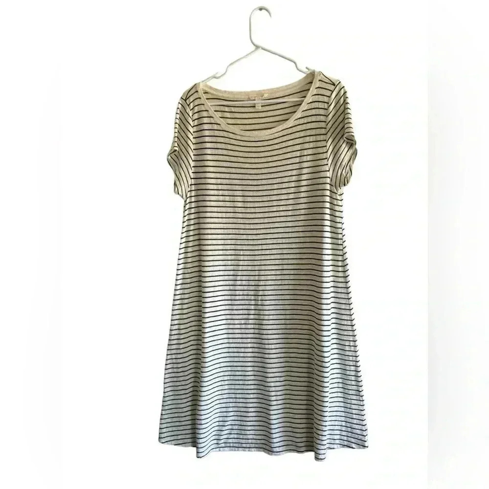 Eileen Fisher Black and Cream Stripe Hemp and Cotton T-Shirt Dress